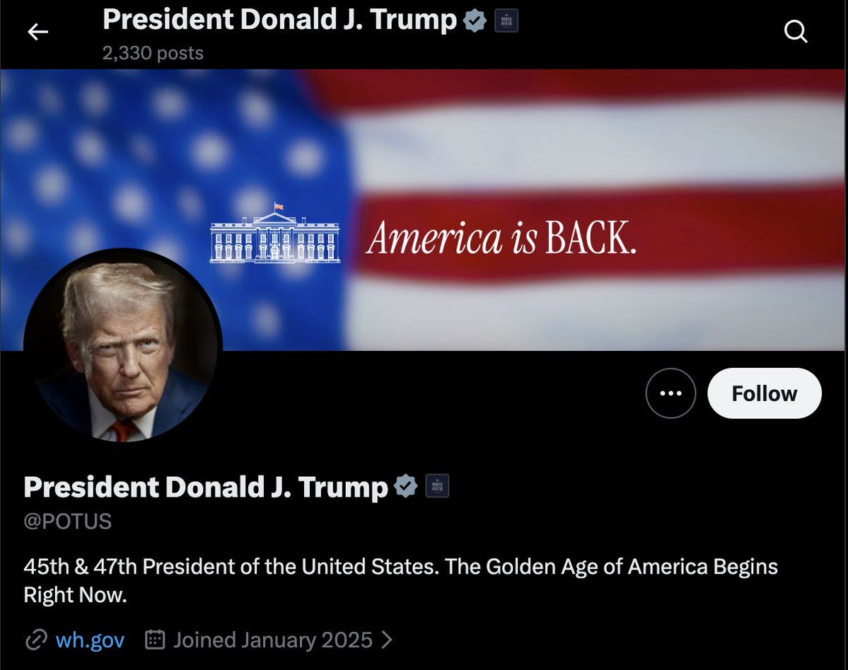 President Donald J. Trump POTUS X profile showing the America is Back banner