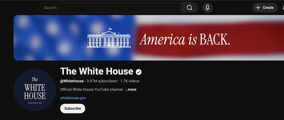 The White House YouTube channel banner reading America is Back